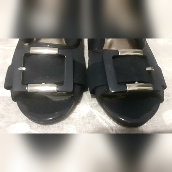 Abella patent & fabric Navy blue wedge peep toe Heels w/buckle accent - Picture 4 of 7